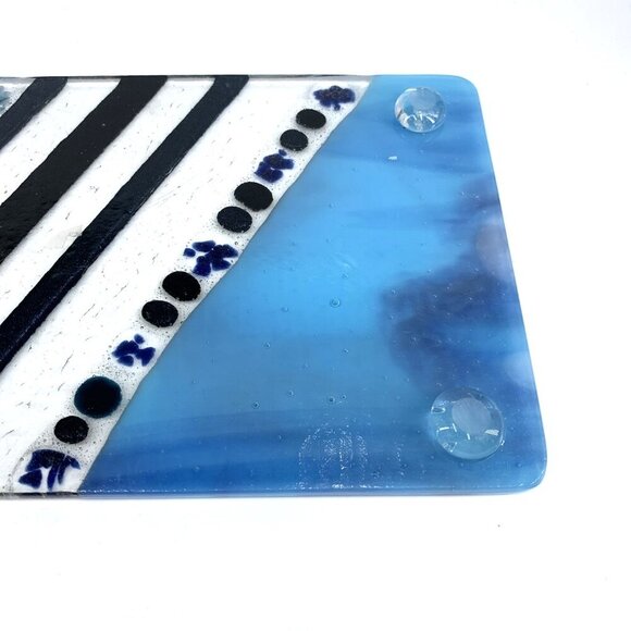Dos Sirenas Fused Glass Plate Serving Tray Footed 12 x 6" Blue White Black 2016 - Picture 8 of 9